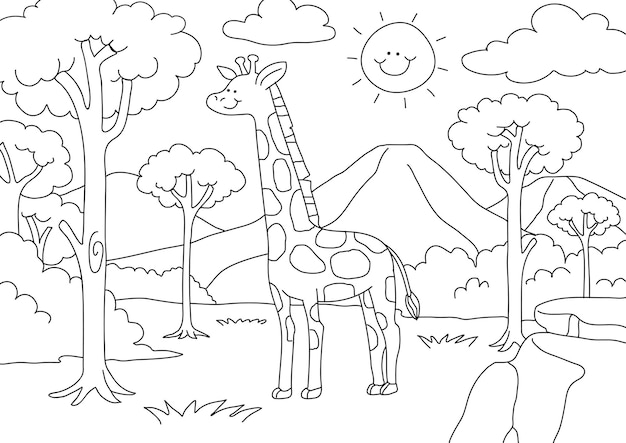 Free Vector giraffe kids coloring page vector, blank printable design for children to fill in