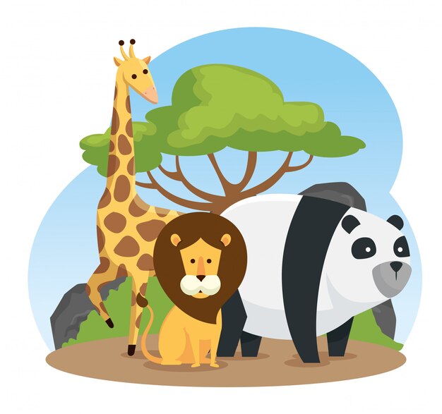 Giraffe with lion and panda wild animals