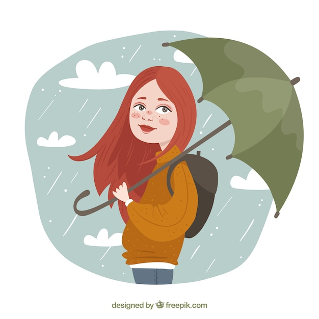 Girl background with backpack and umbrella