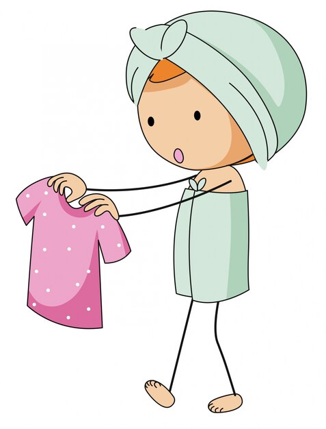 Girl in bathtowel holding pink shirt