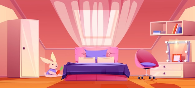 Free Vector girl bedroom on attic with bed, cupboard, dresser