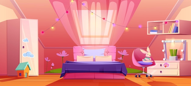 Free Vector girl bedroom interior on attic cute mansard room