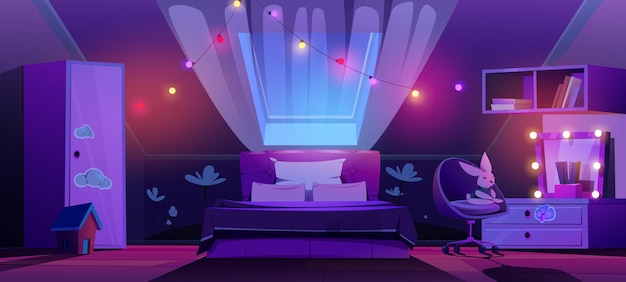 Girl bedroom interior on attic at night, cute mansard room with glowing garland hang over bed, curtained window, cupboard with stickers, bookshelf, toys and ceiling window, Cartoon vector illustration