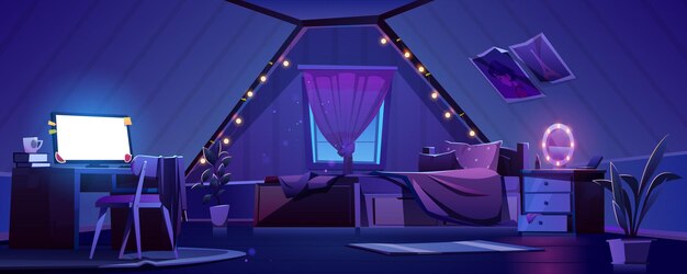 Girl bedroom interior on attic at night