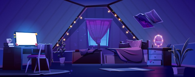 Girl bedroom interior on attic at night