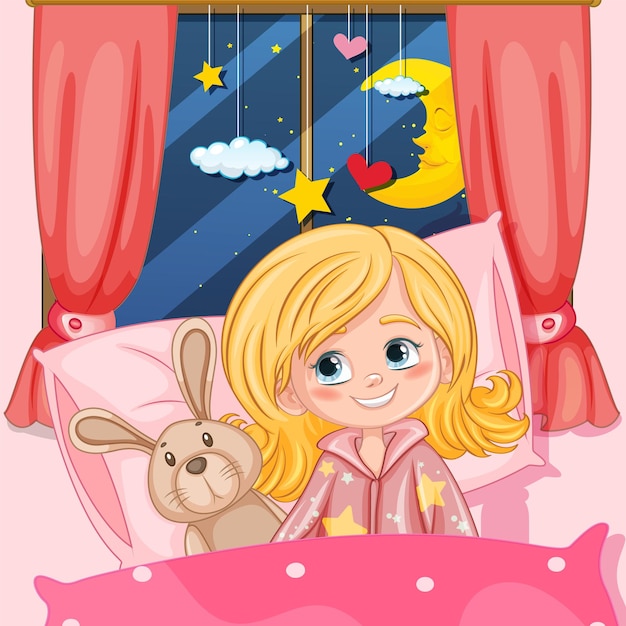 Free Vector girl at bedtime with bunny doll