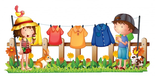 Free Vector a girl and a boy in the garden with the hanging clothes