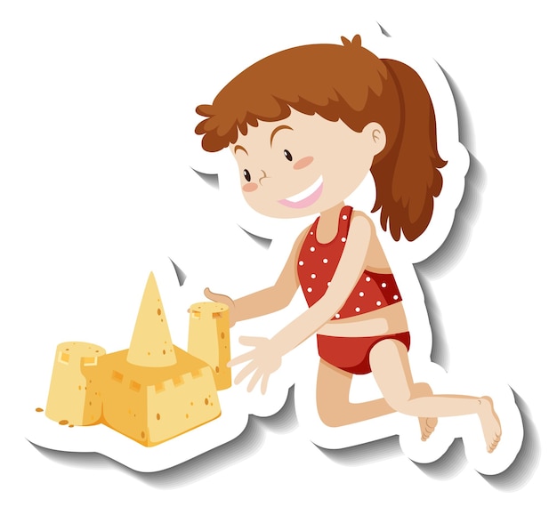 A girl building sand castle cartoon character sticker