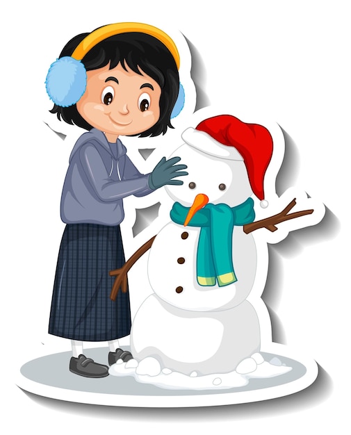 Free Vector girl building a snowman cartoon sticker