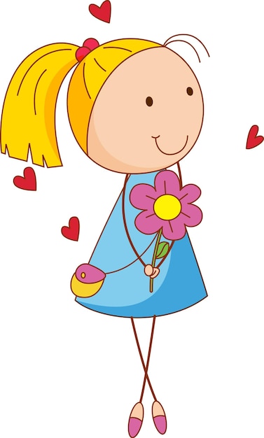 A girl cartoon character holding a flower in doodle style isolated