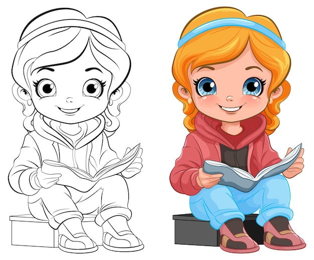 Girl cartoon reading book isolated and its doodle outline