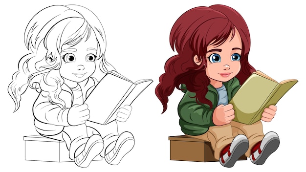 Girl cartoon reading book isolated and its doodle outline