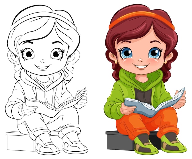 Free Vector girl cartoon reading book isolated and its doodle outline