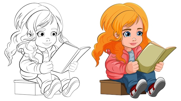 Free Vector girl cartoon reading book isolated and its doodle outline