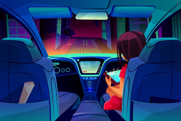 Girl control or manage smart autonomous car illustration. Woman on passenger seat 