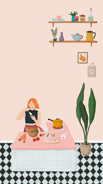 Free Vector girl cooking in a kitchen sketch style mobile phone wallpaper vector