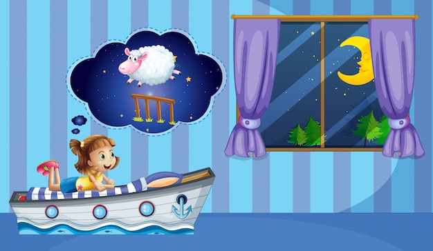 Free Vector girl counting sheep at bedtime