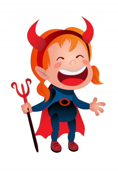 Free Vector girl in devil costume laughing line icon. kid, demon, satan. halloween concept. 