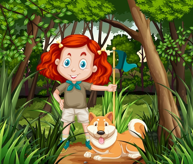 Girl and dog in the jungle