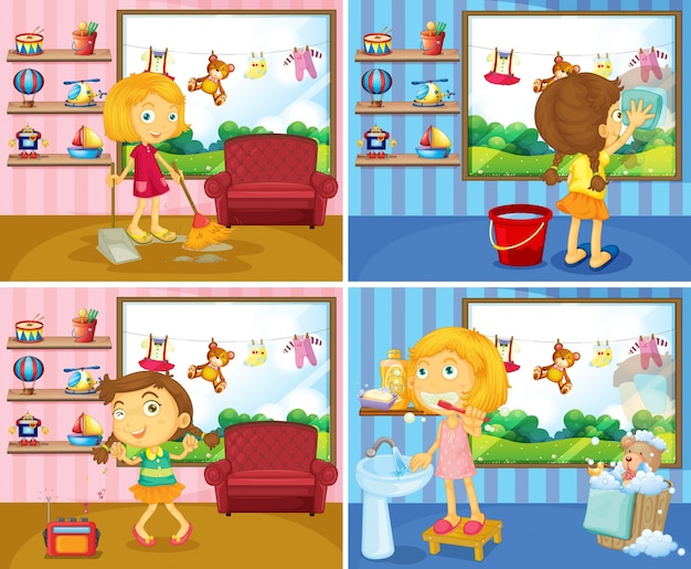 Free Vector girl doing chores in the house illustration