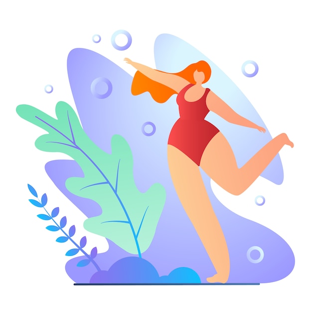 Girl Doing Exercises in Bathing Suit Cartoon Flat.