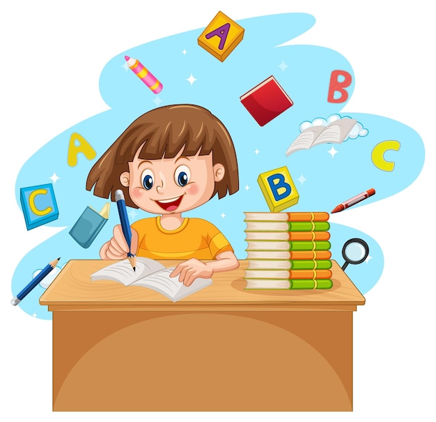 A girl doing homework with books on white background