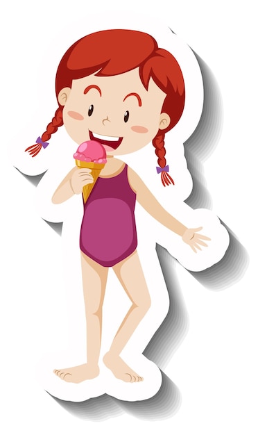 Free Vector a girl eating strawberry ice cream cone cartoon sticker