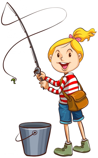 Free vector a girl fishing on white background