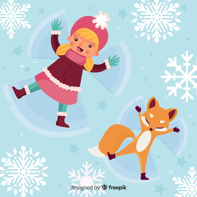 Free Vector girl and fox making snow angel