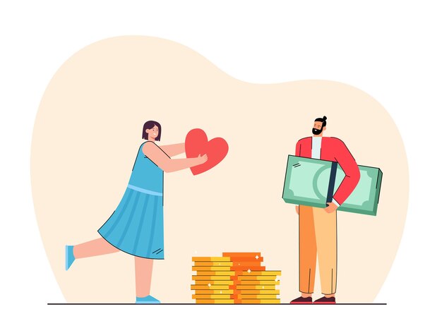 Girl giving love to rich man. Flat illustration