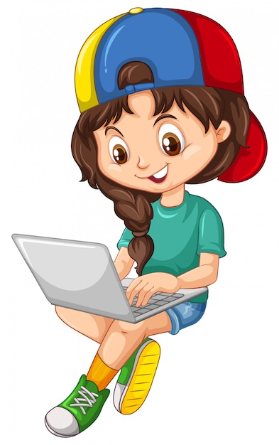 Girl in green shirt using laptop cartoon character  on white background