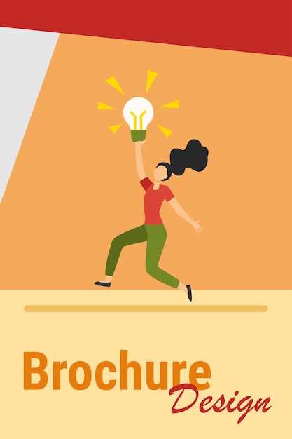 Free Vector girl having brilliant idea. woman holding shining lightbulb and dancing flat vector illustration. inspiration, finding, discovery concept for banner, website design or landing web page