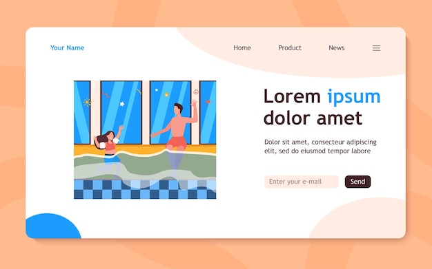 Free vector girl and her dad bathing in swimming pool landing page