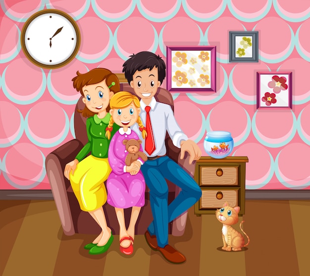 Free Vector girl and her family in the living room