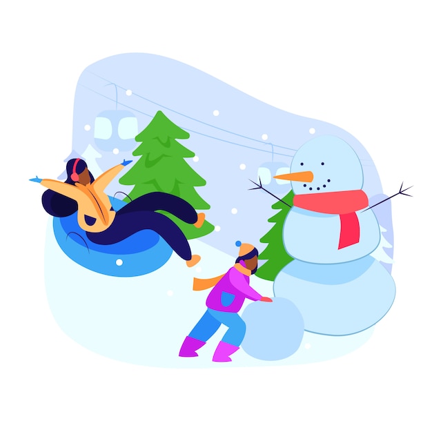 Free vector girl and her mother enjoying winter activities