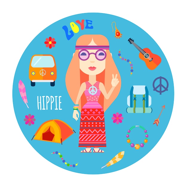 Girl hippie character with red hair guitar and backpack accessories