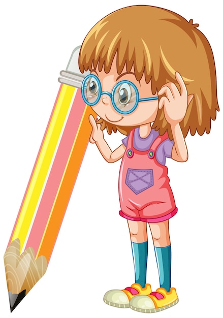 Free vector girl holding pencil cartoon character on white background