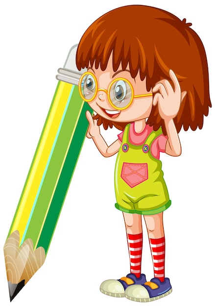 Free vector girl holding pencil cartoon character on white background