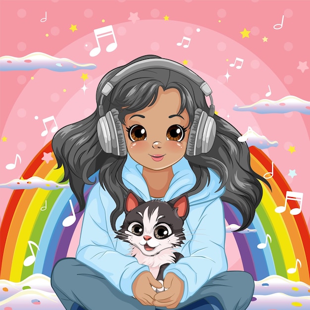 Free Vector girl holding pet sitting on the floor listening to music with headset