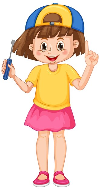 A girl holding screwdriver on white background