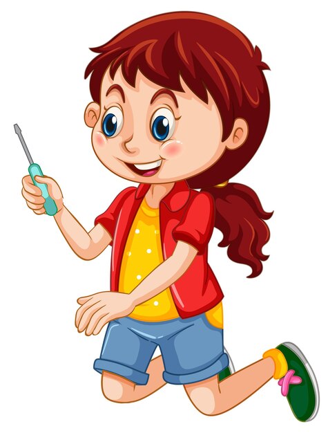 A girl holding a screwdriver on white background