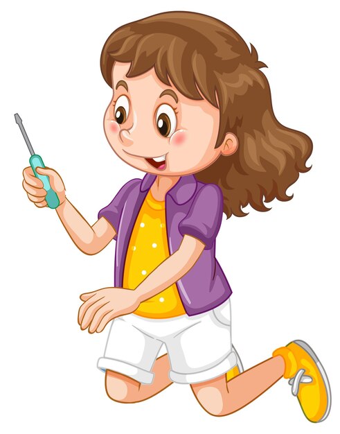 A girl holding a screwdriver on white background