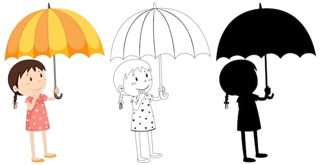 Free Vector girl holding umbrella in colour and silhouette and outline