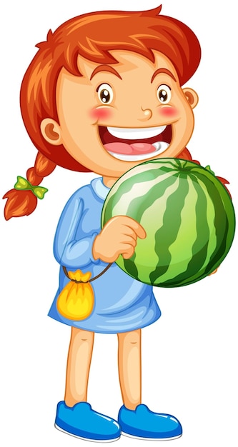 A girl holding watermelon fruit cartoon character isolated on white