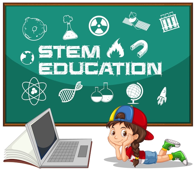 Free Vector girl and laptop with stem education text in blackboard