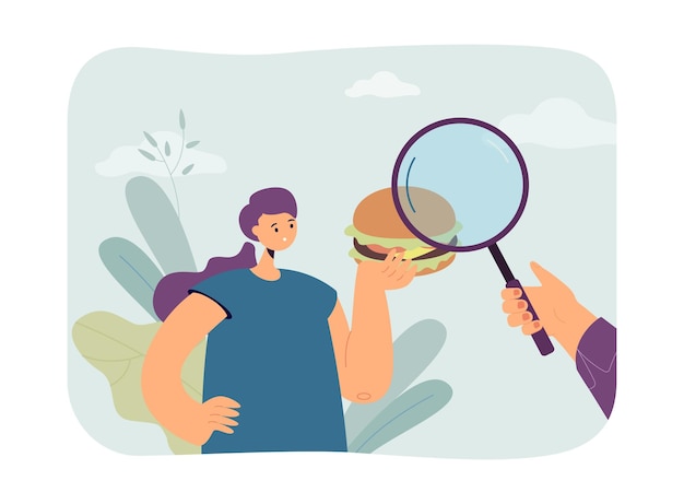 Free Vector girl looking at hamburger through magnifier. frustrated woman checking junk food flat vector illustration. fast food, health concept for banner, website design or landing web page