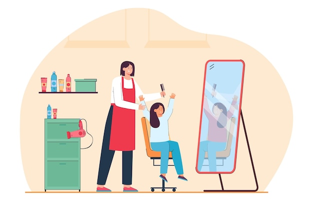 Girl looking in mirror after getting haircut in hair salon. Children hairdresser with comb standing behind child flat vector illustration. Beauty concept for banner, website design or landing page