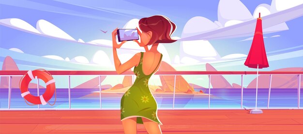 Girl make photo on smartphone on cruise ship deck