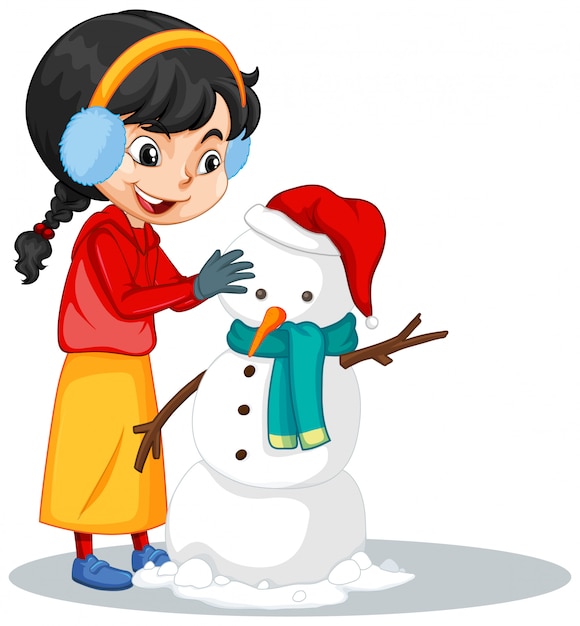 Girl making snowman isolated