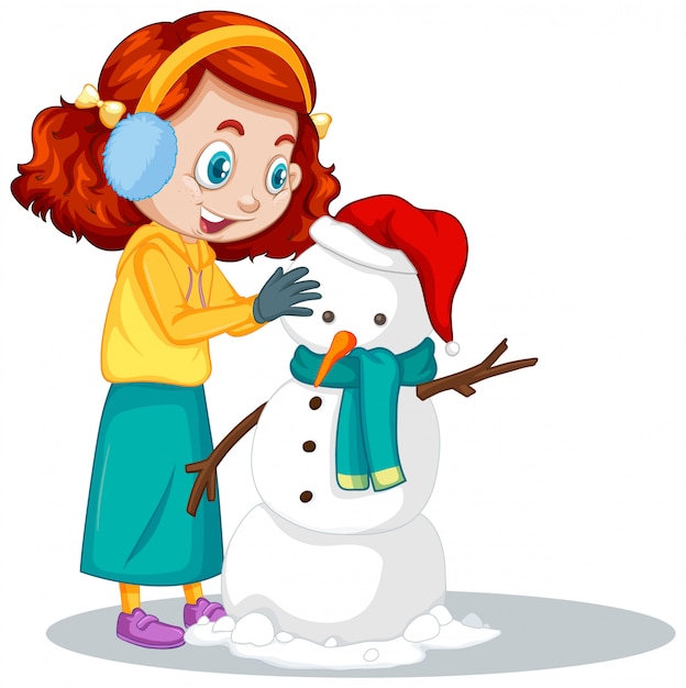 Free vector girl making snowman on white